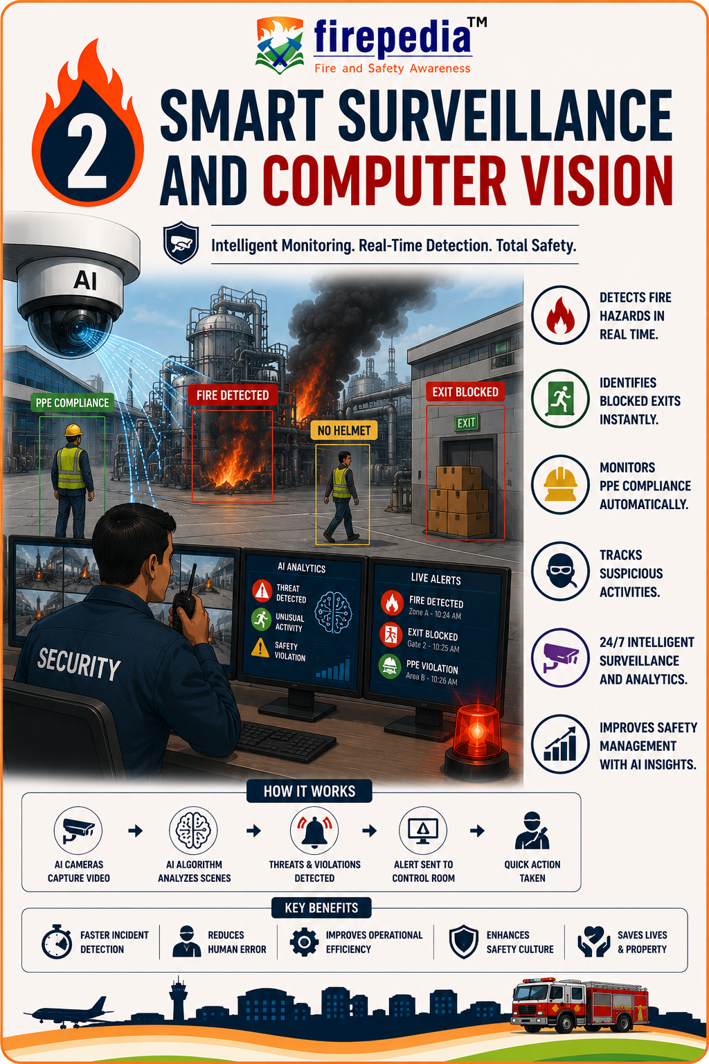 AI smart surveillance and computer vision for fire safety