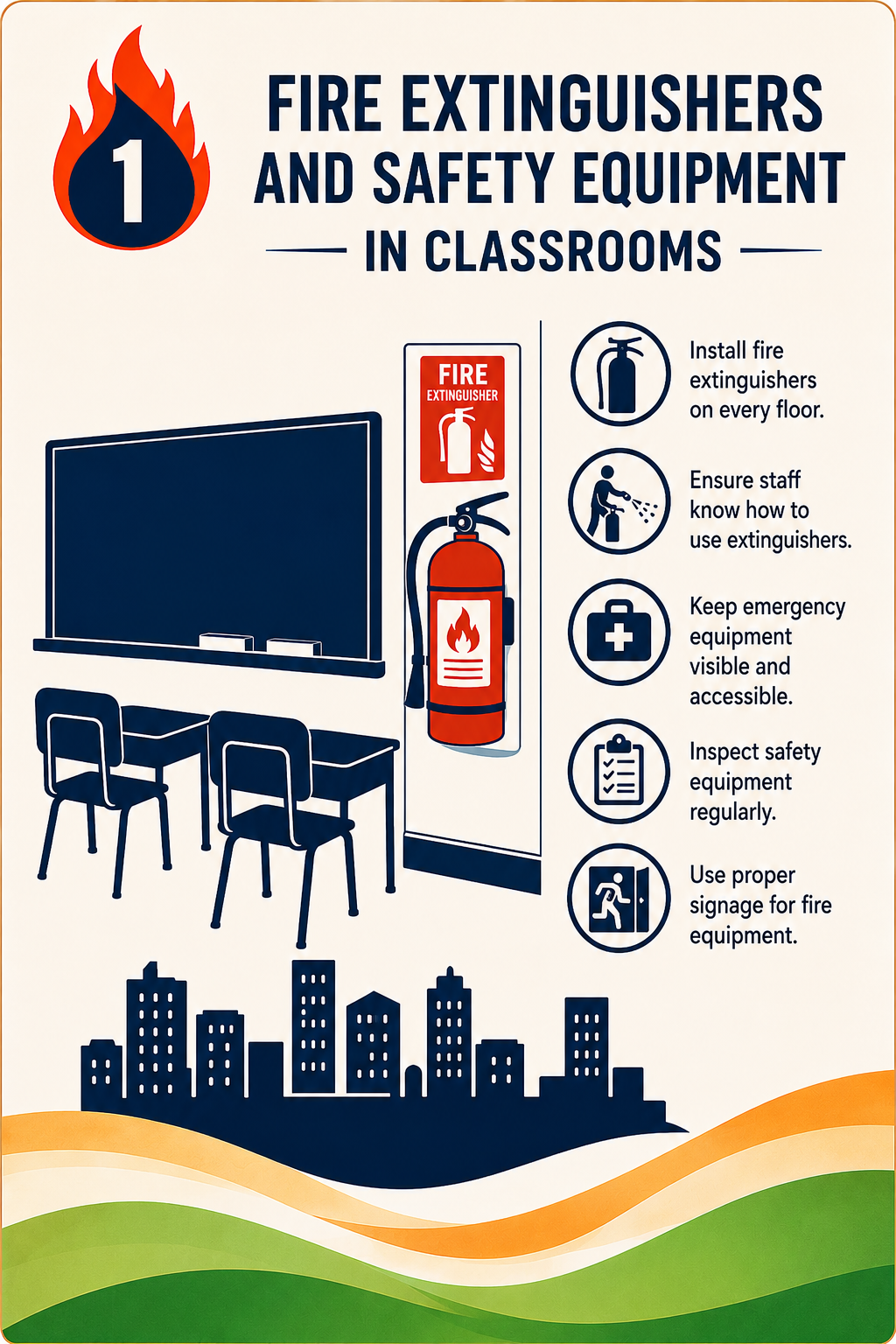 Fire extinguishers and safety equipment in classrooms